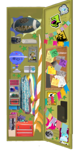 a cluttered and controlled mess of items in a light yellow locker